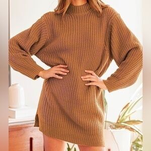 Camel knit mock neck sweater dress